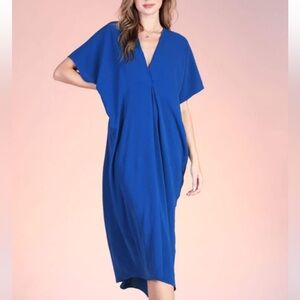 NWT Tyche Blue Pleated Front Panel V-Cut Kaftan Dress!